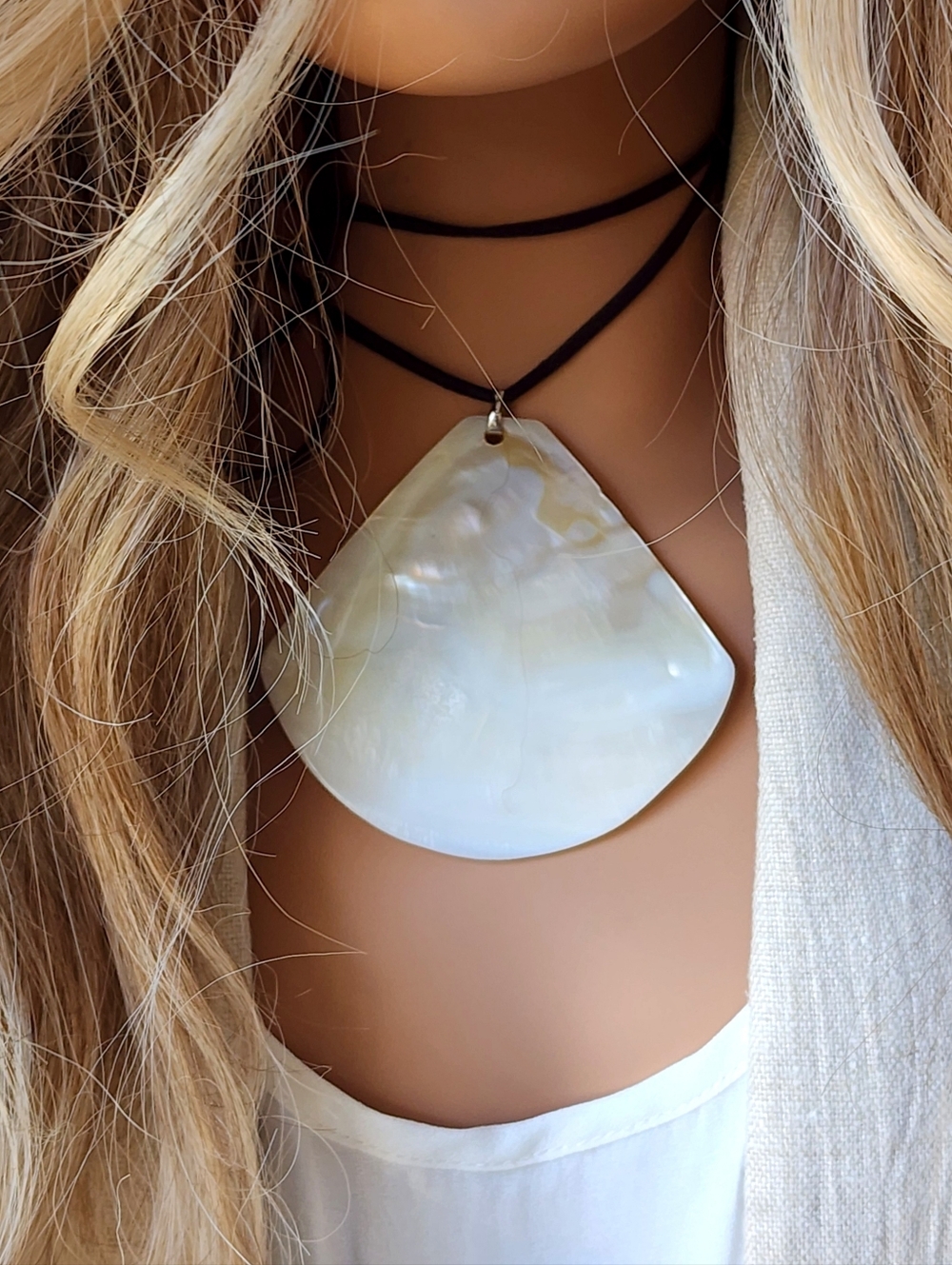 Mother Of Pearl Pendant Silver Large Boho Shell Black Cord